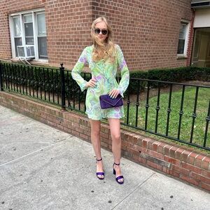Vibrant Green and Purple Dress with Matching Clutch